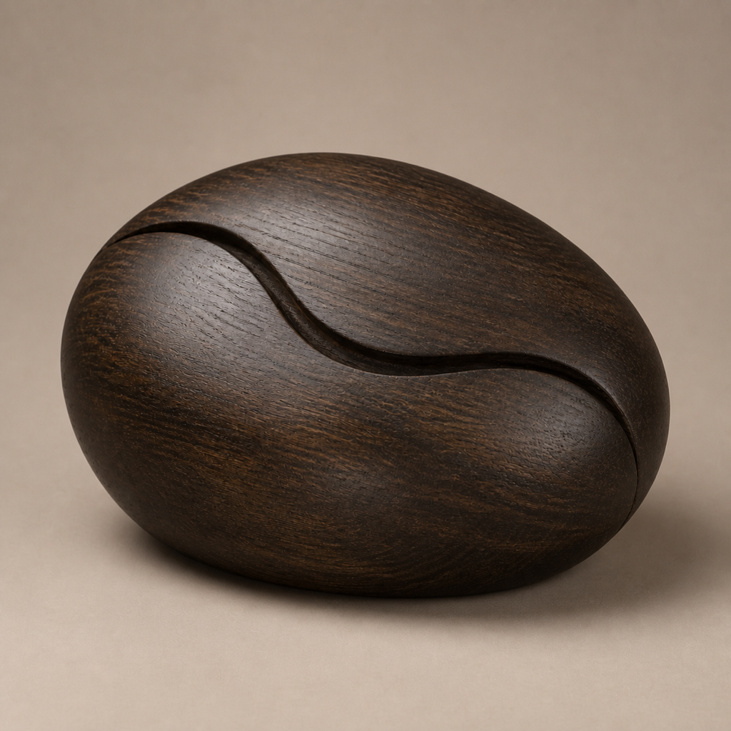 Tide Kernel, teak wood tabletop sculpture — three-quarter view