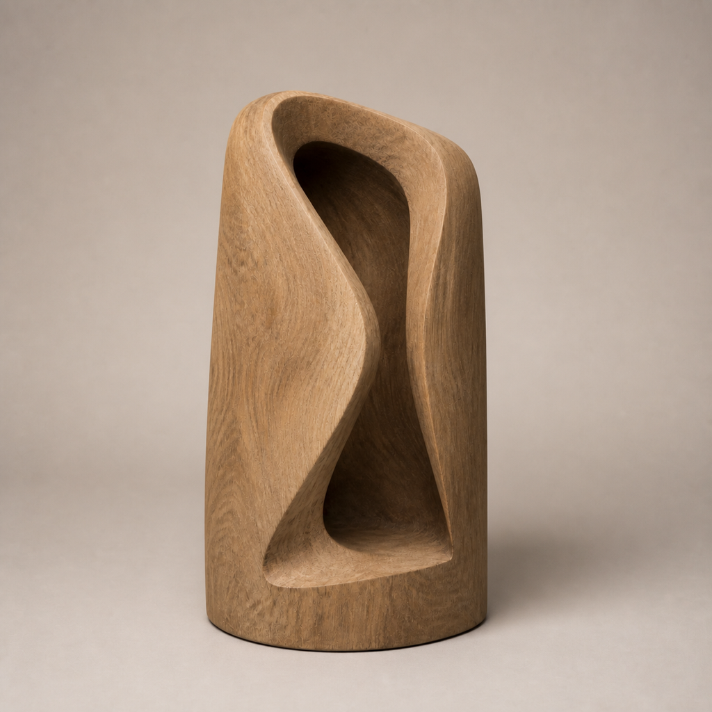 Hollow Fold, abstract teak wood sculpture — three-quarter view