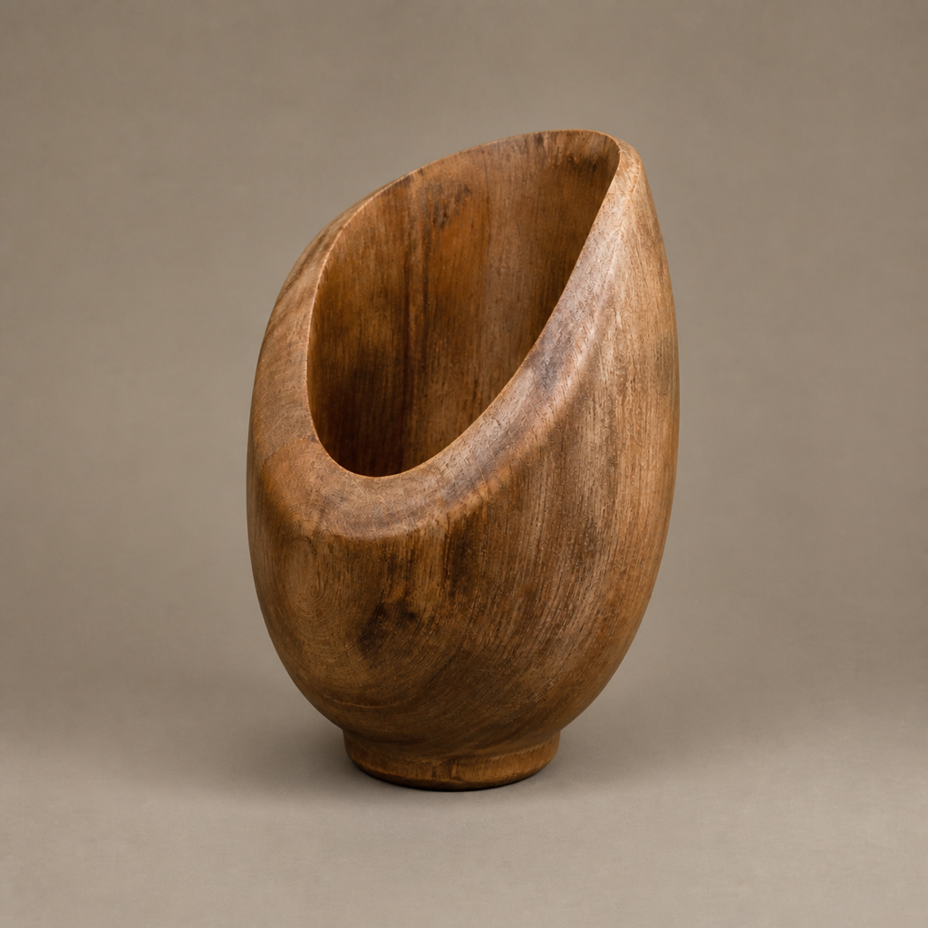 Lumen Plinth, abstract teak wood sculpture — three-quarter view