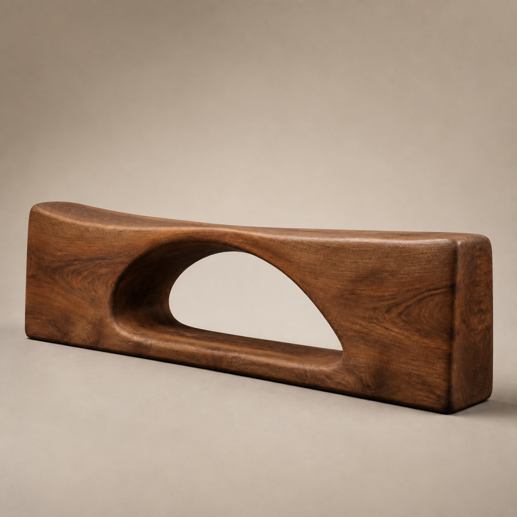 Arc Lintel, teak wood console sculpture — three-quarter view