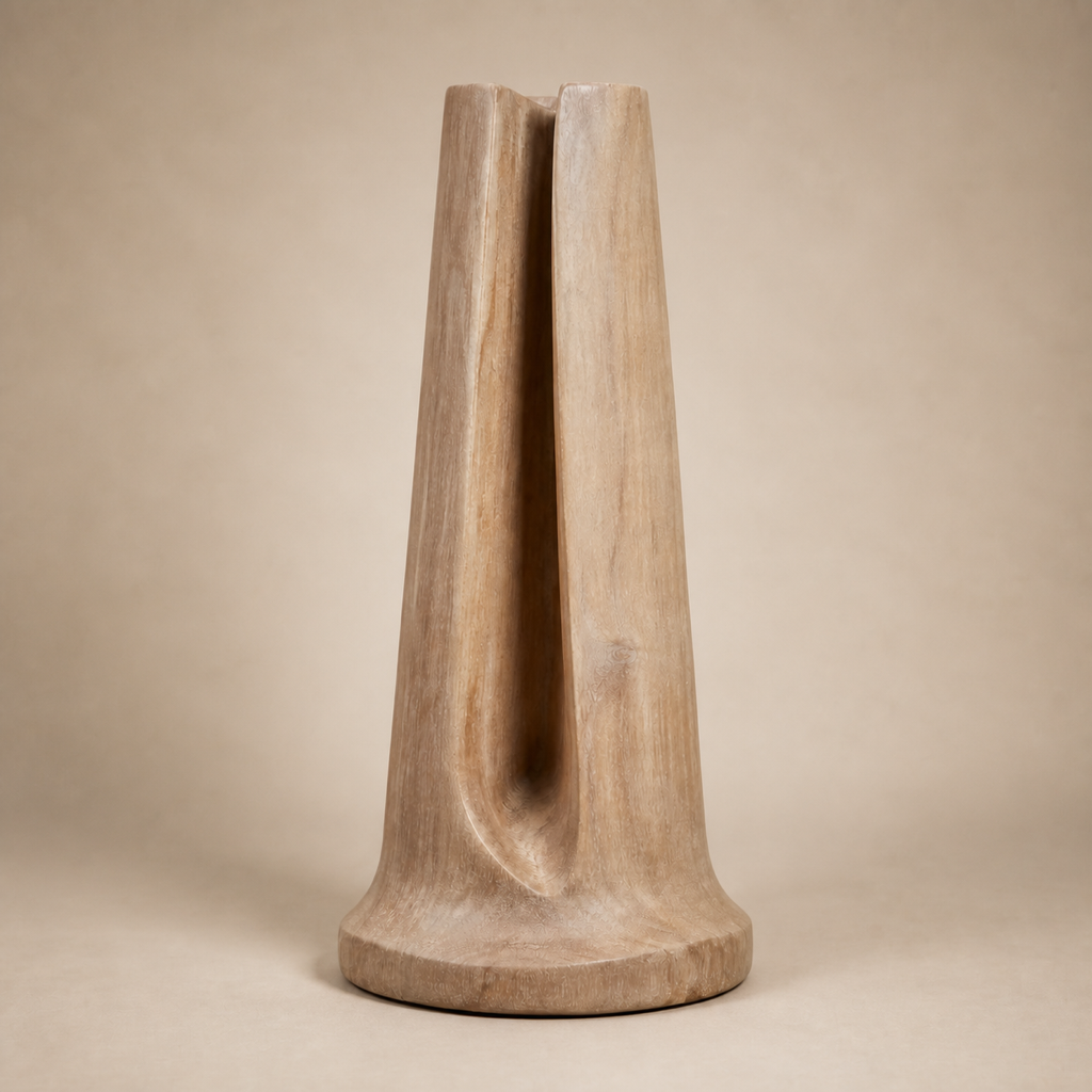 Veil Column, teak wood floor sculpture — three-quarter view