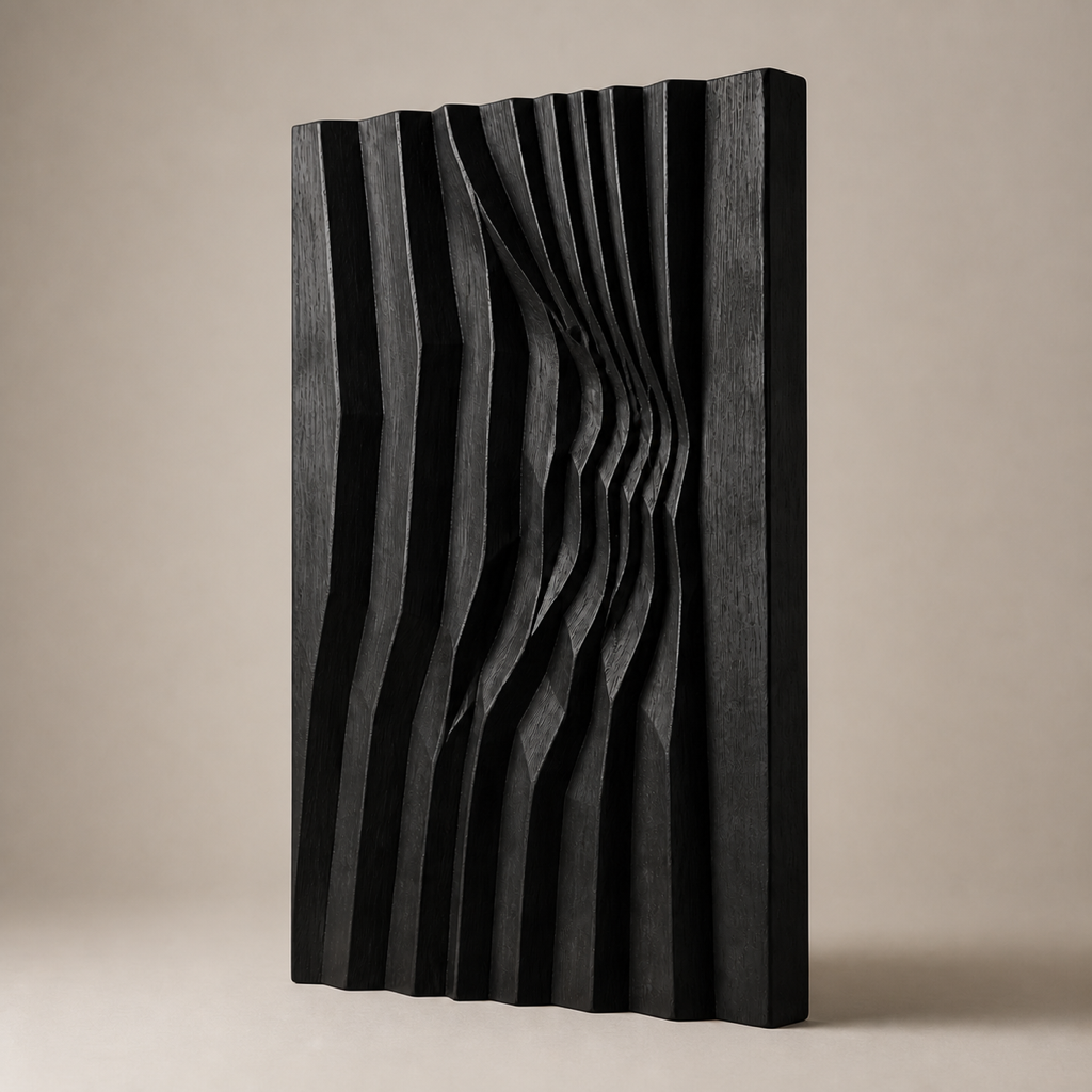 Meridian Relief, carved teak wood wall art — three-quarter view