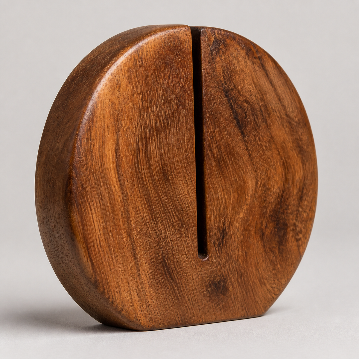 Split Disc Study, teak wood tabletop sculpture — product view