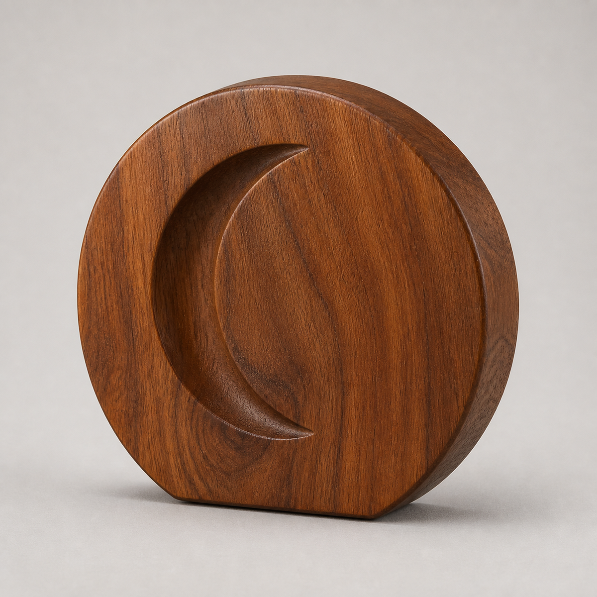 Crescent Token, teak wood tabletop sculpture — product view