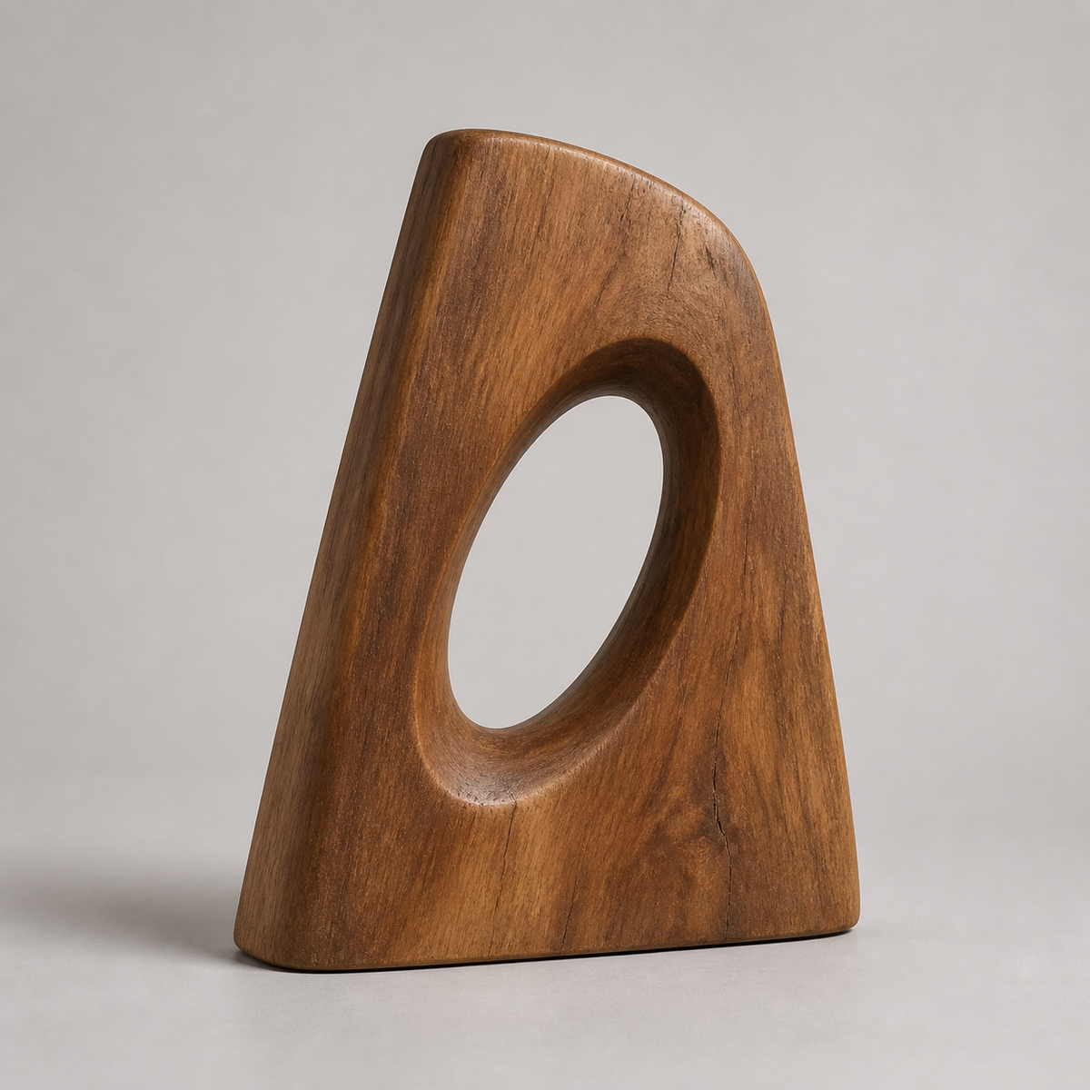 Inclined Aperture, teak wood floor sculpture — product view