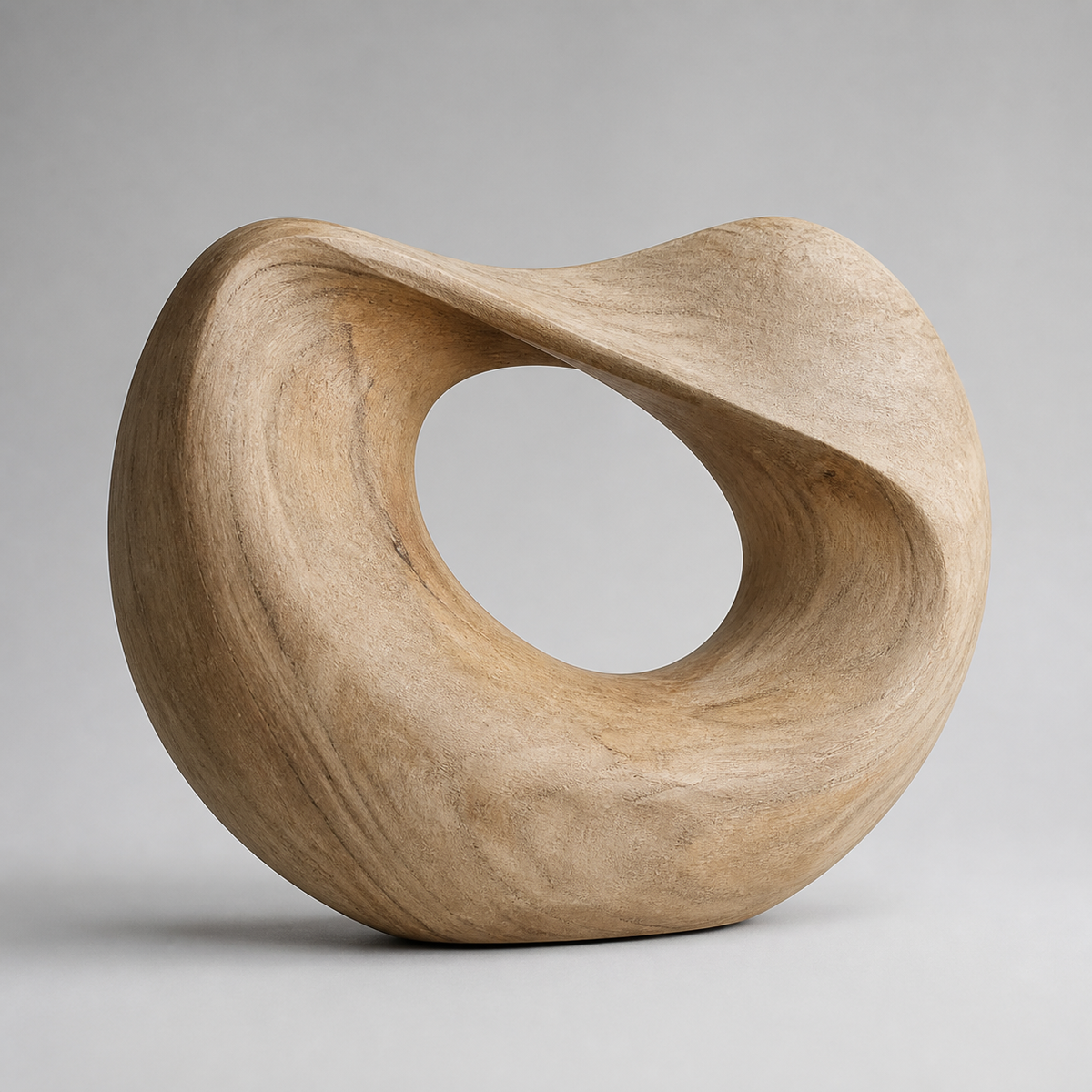 Folded Orbit, abstract teak wood sculpture — three-quarter view