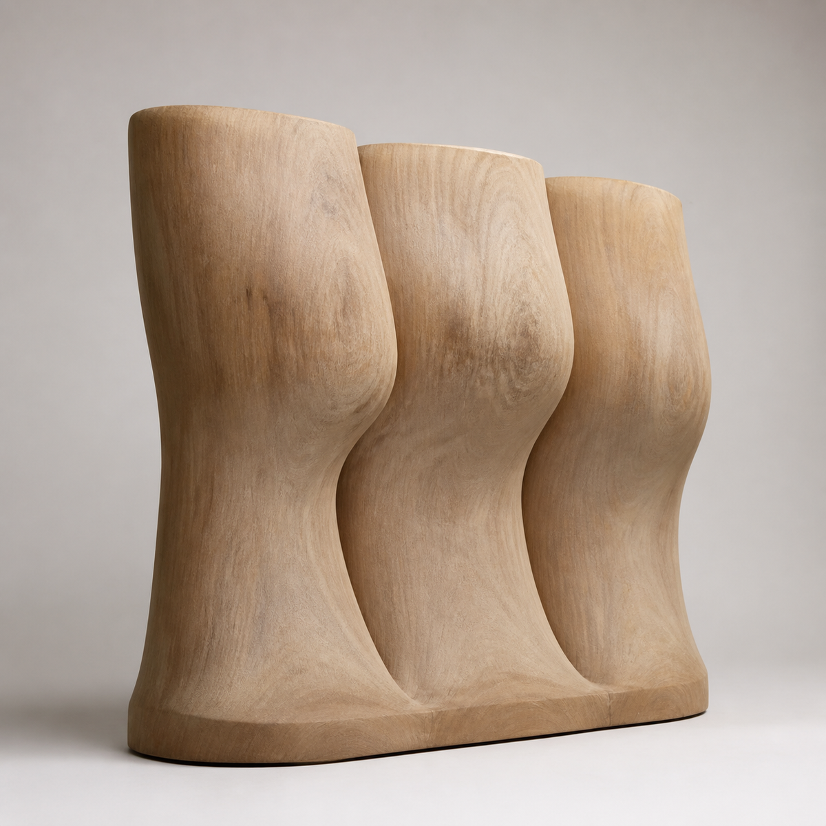 Lateral Drift, teak wood floor sculpture — three-quarter view