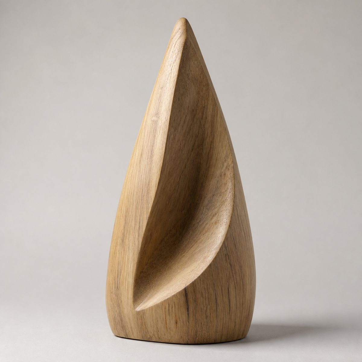 Folded Spire, teak wood floor sculpture — product view