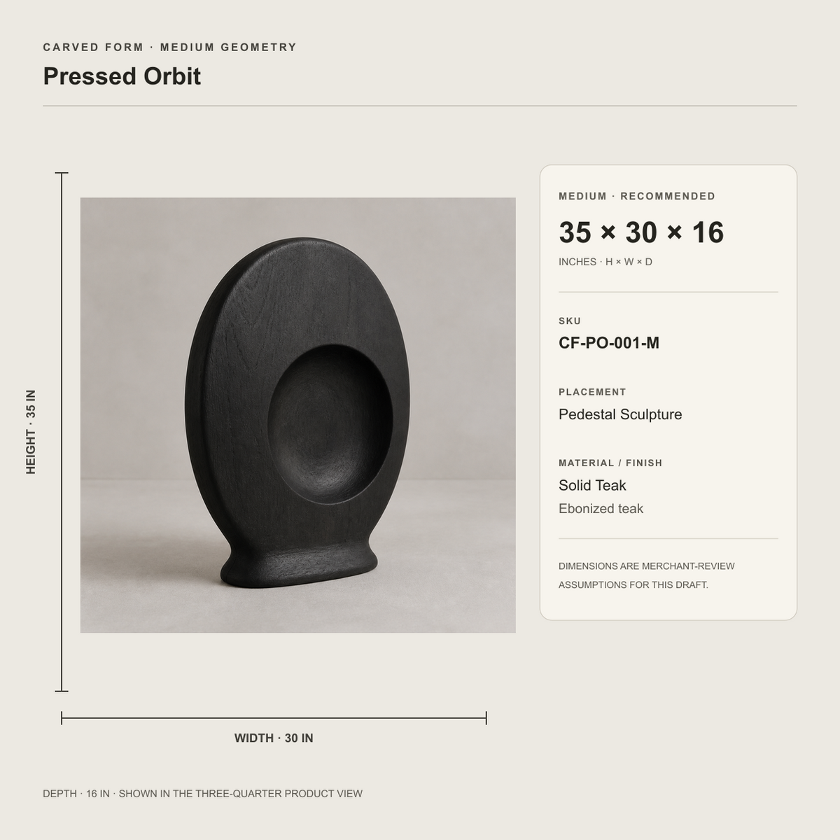 Pressed Orbit, abstract teak wood sculpture — size and scale study