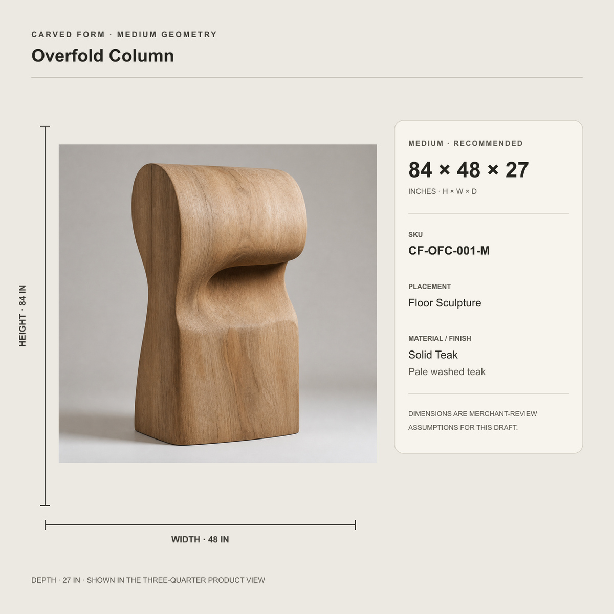Overfold Column, teak wood floor sculpture — size and scale study