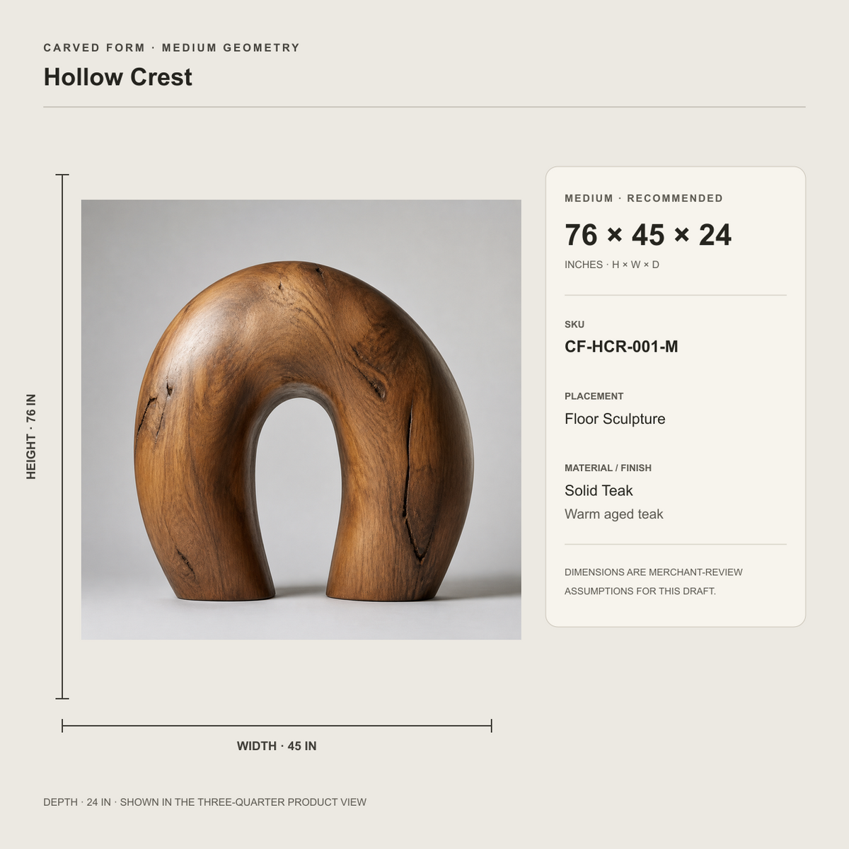Hollow Crest, teak wood floor sculpture — size and scale study