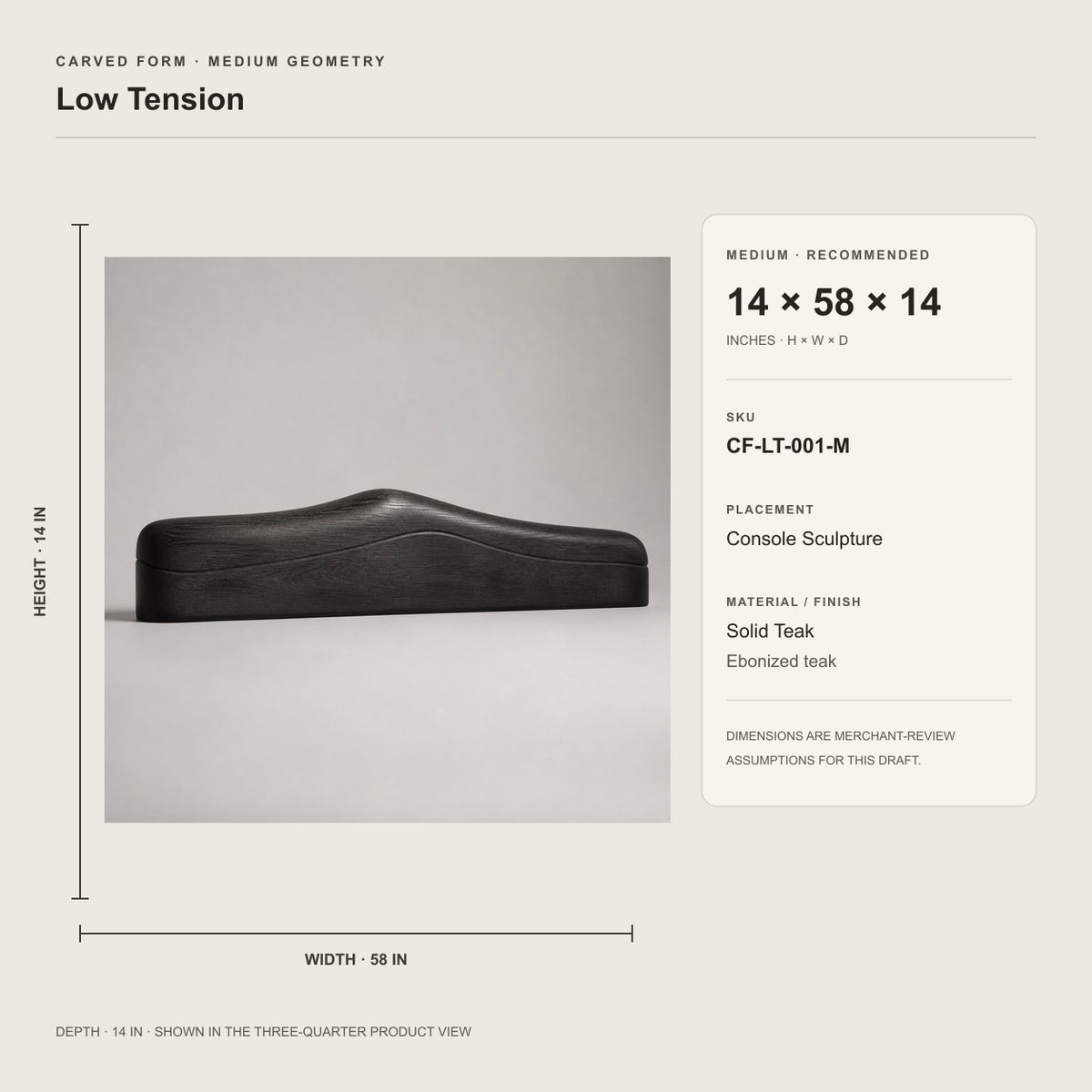 Low Tension, teak wood console sculpture — size and scale study