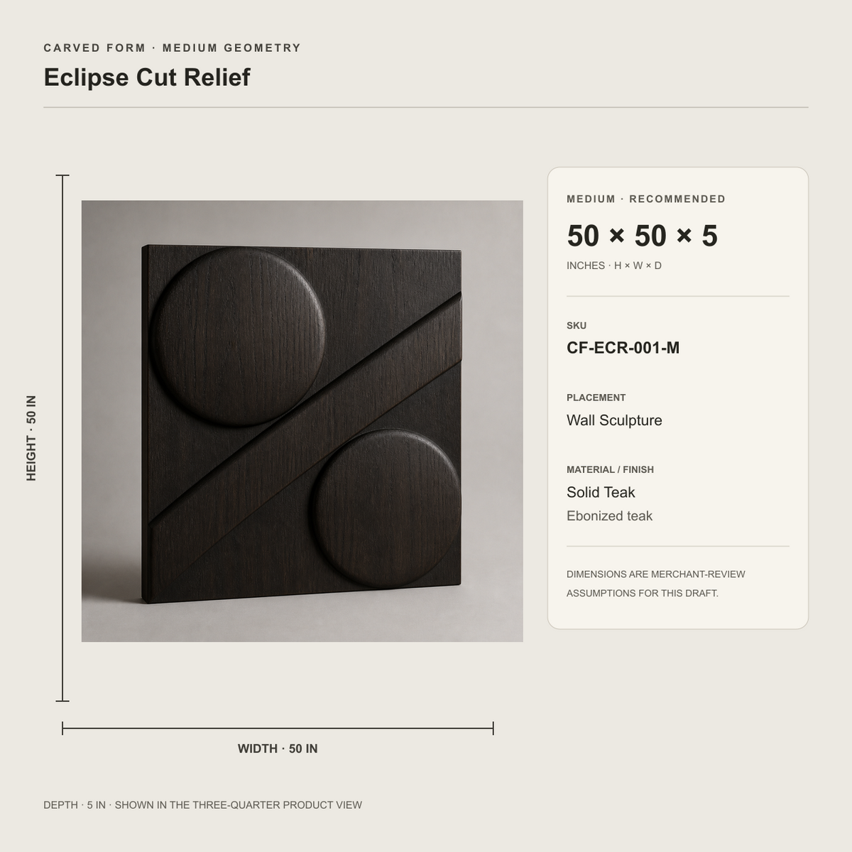 Eclipse Cut Relief, carved teak wood wall art — size and scale study