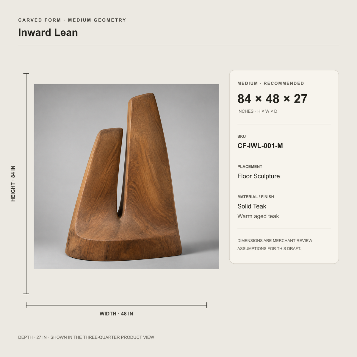 Inward Lean, teak wood floor sculpture — size and scale study