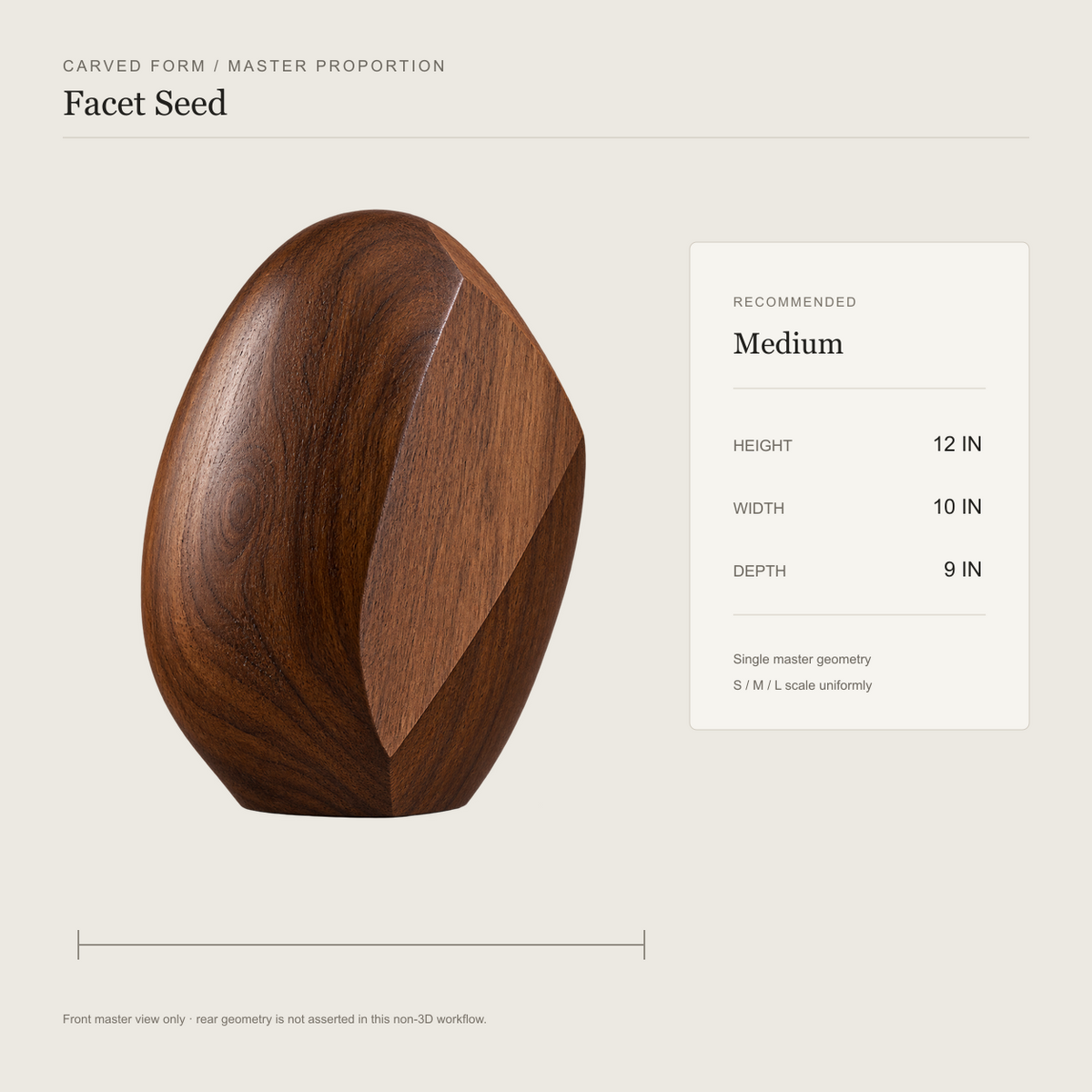 Facet Seed, teak wood tabletop sculpture — size and scale study