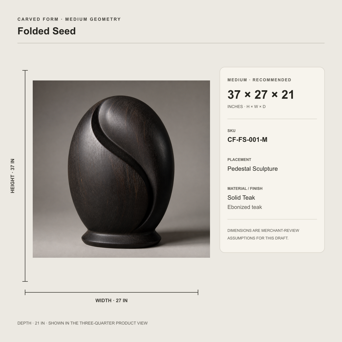 Folded Seed, abstract teak wood sculpture — size and scale study