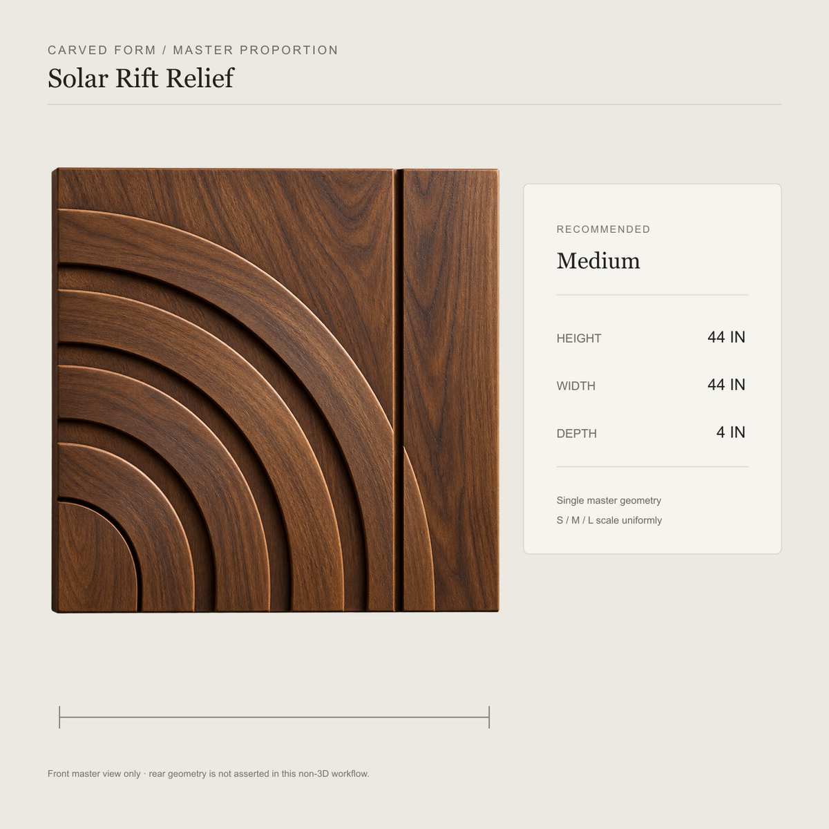 Solar Rift Relief, carved teak wood wall art — size and scale study