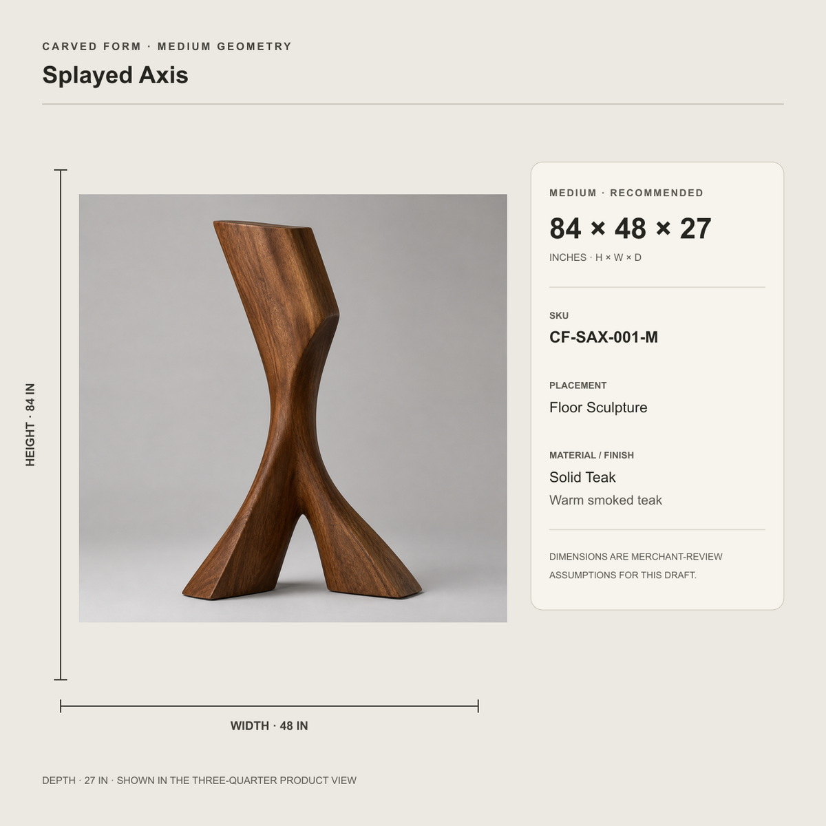 Splayed Axis, teak wood floor sculpture — size and scale study