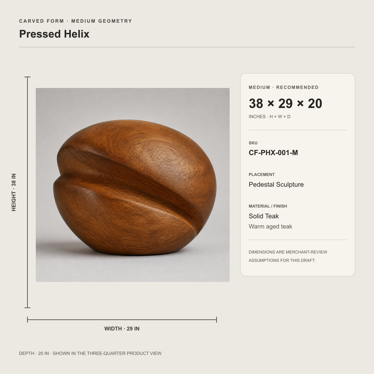 Pressed Helix, abstract teak wood sculpture — size and scale study