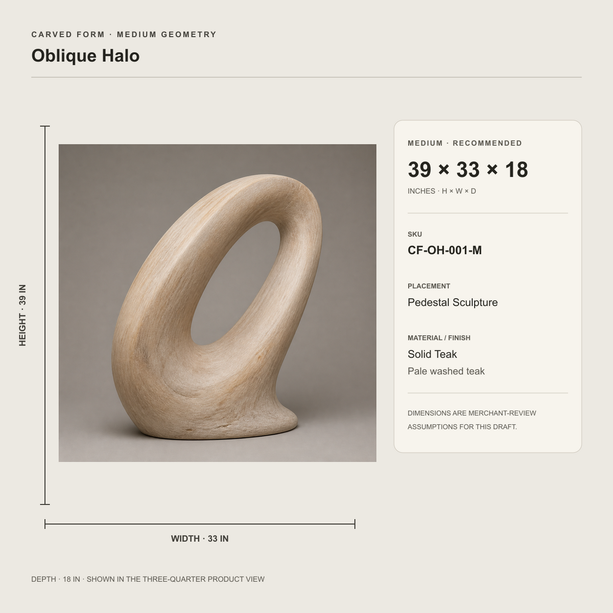 Oblique Halo, abstract teak wood sculpture — size and scale study