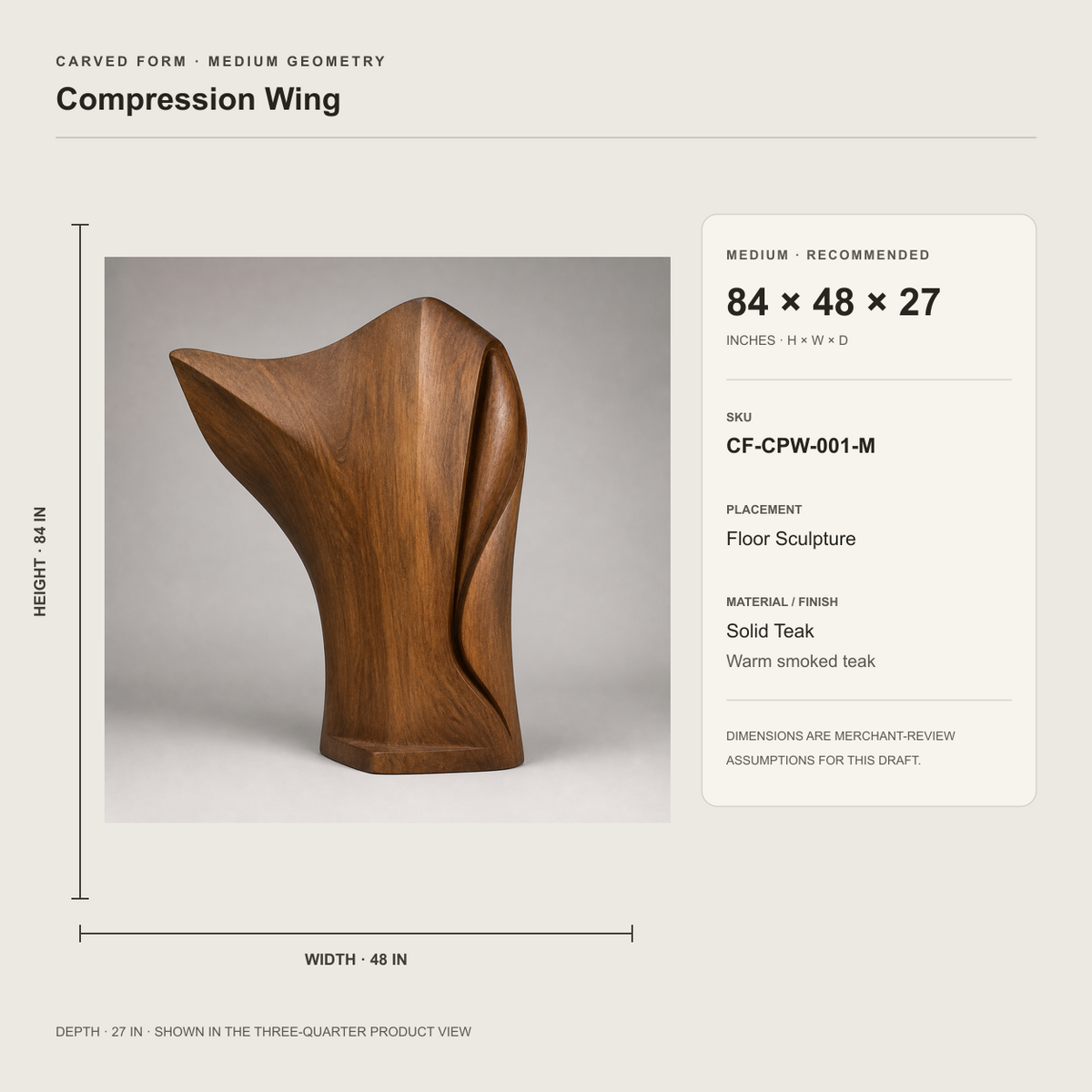Compression Wing, teak wood floor sculpture — size and scale study