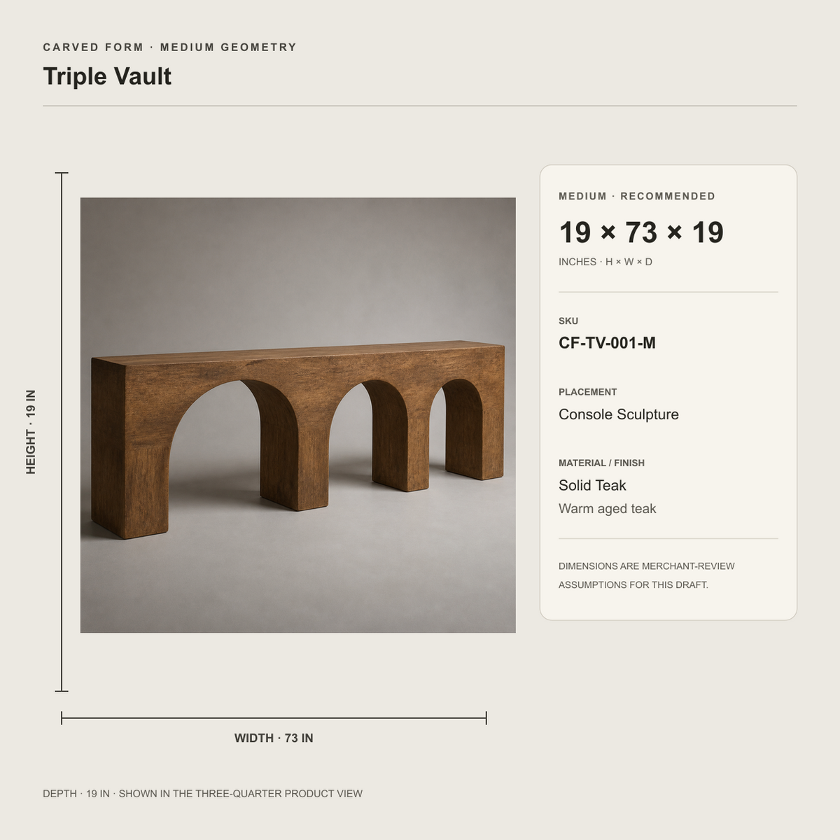 Triple Vault, teak wood console sculpture — size and scale study