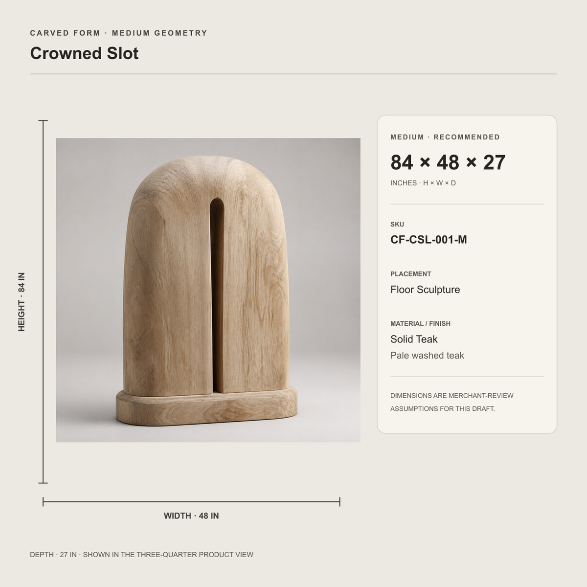 Crowned Slot, teak wood floor sculpture — size and scale study