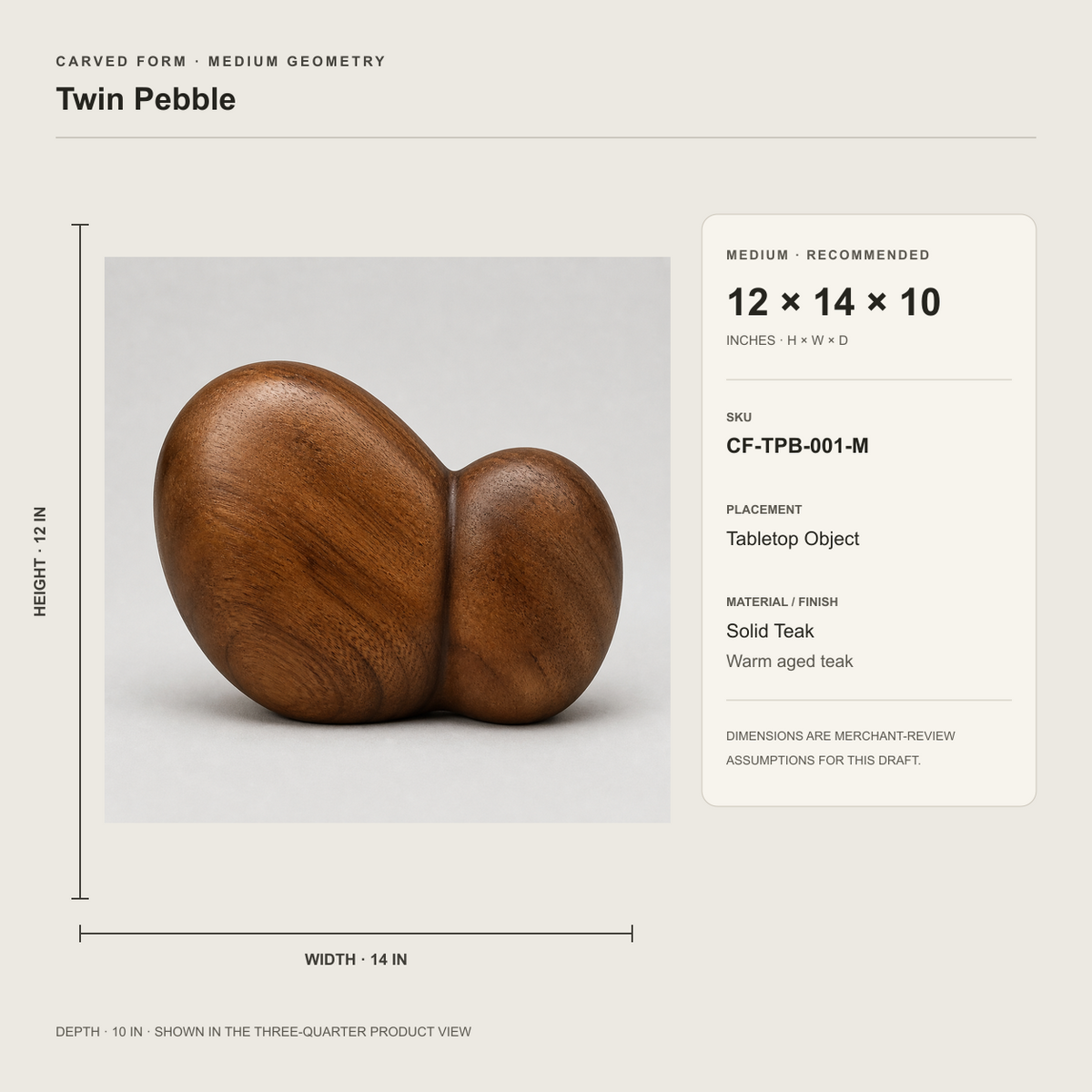 Twin Pebble, teak wood tabletop sculpture — size and scale study
