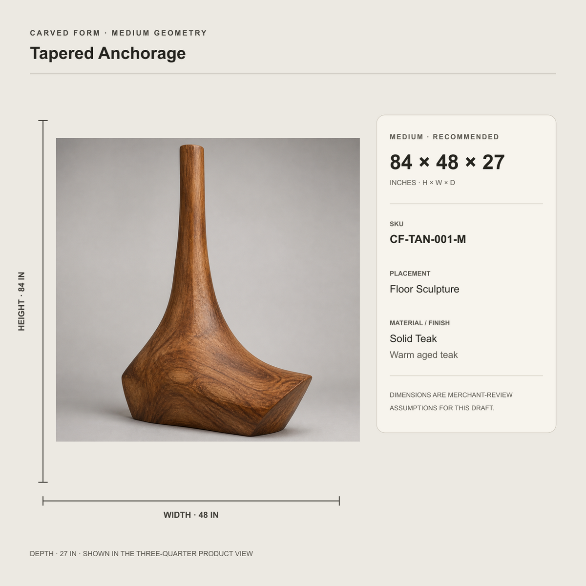 Tapered Anchorage, teak wood floor sculpture — size and scale study