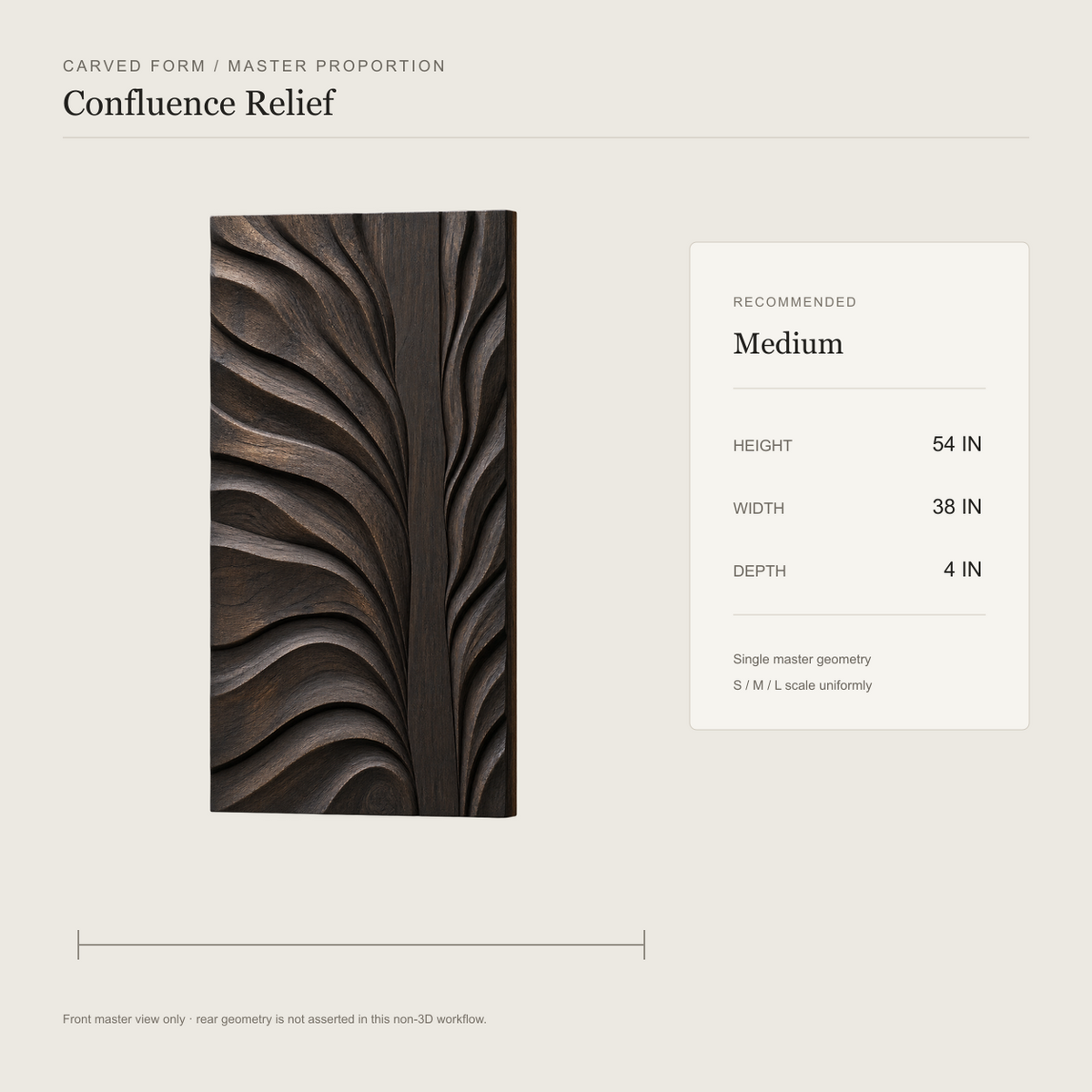 Confluence Relief, carved teak wood wall art — size and scale study