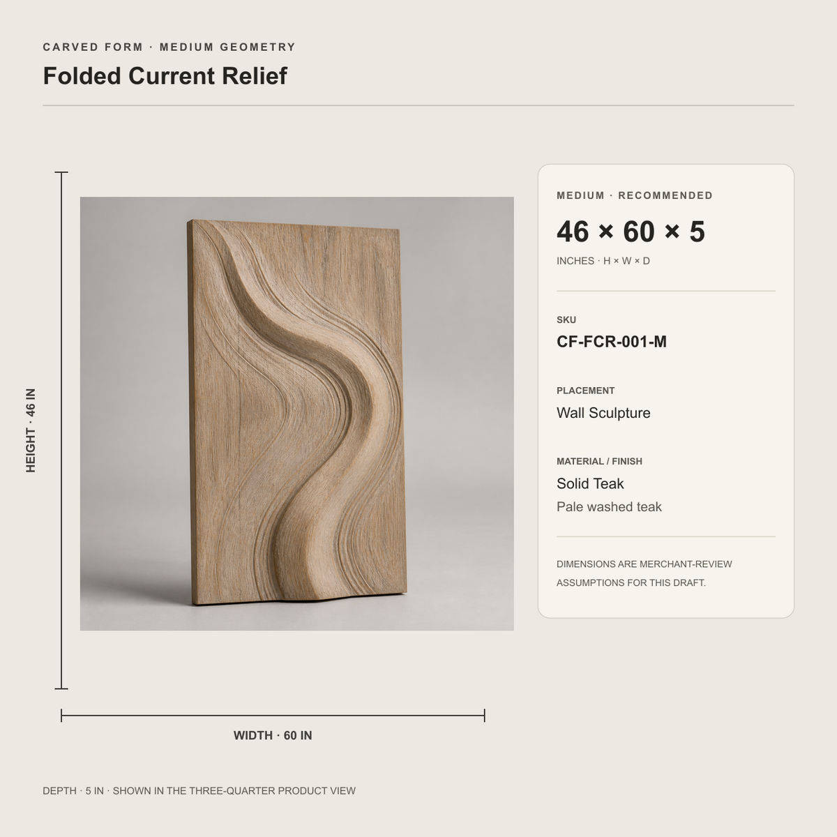 Folded Current Relief, carved teak wood wall art — size and scale study