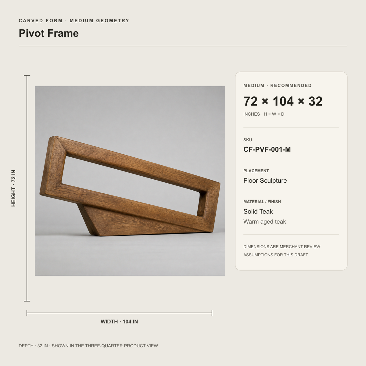 Pivot Frame, teak wood floor sculpture — size and scale study