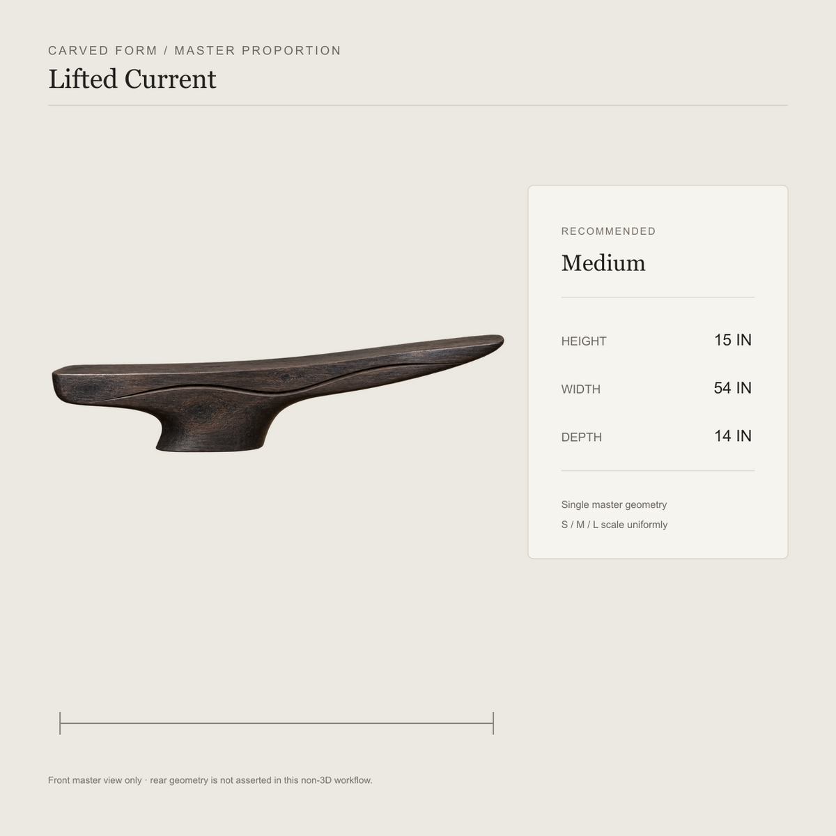 Lifted Current, teak wood console sculpture — size and scale study