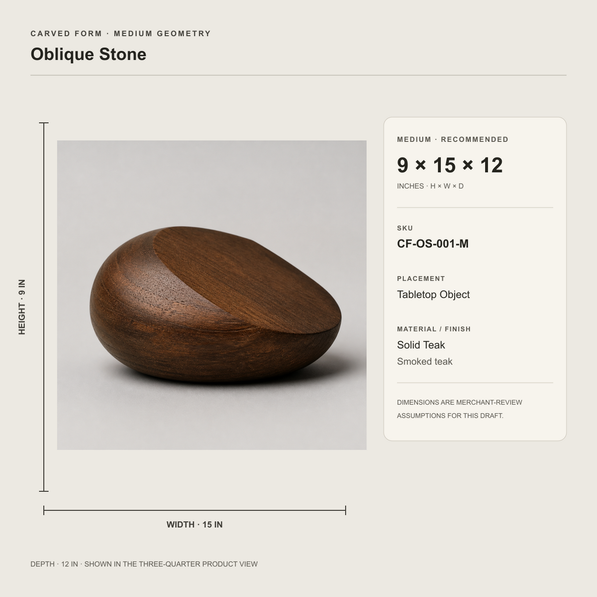 Oblique Stone, teak wood tabletop sculpture — size and scale study