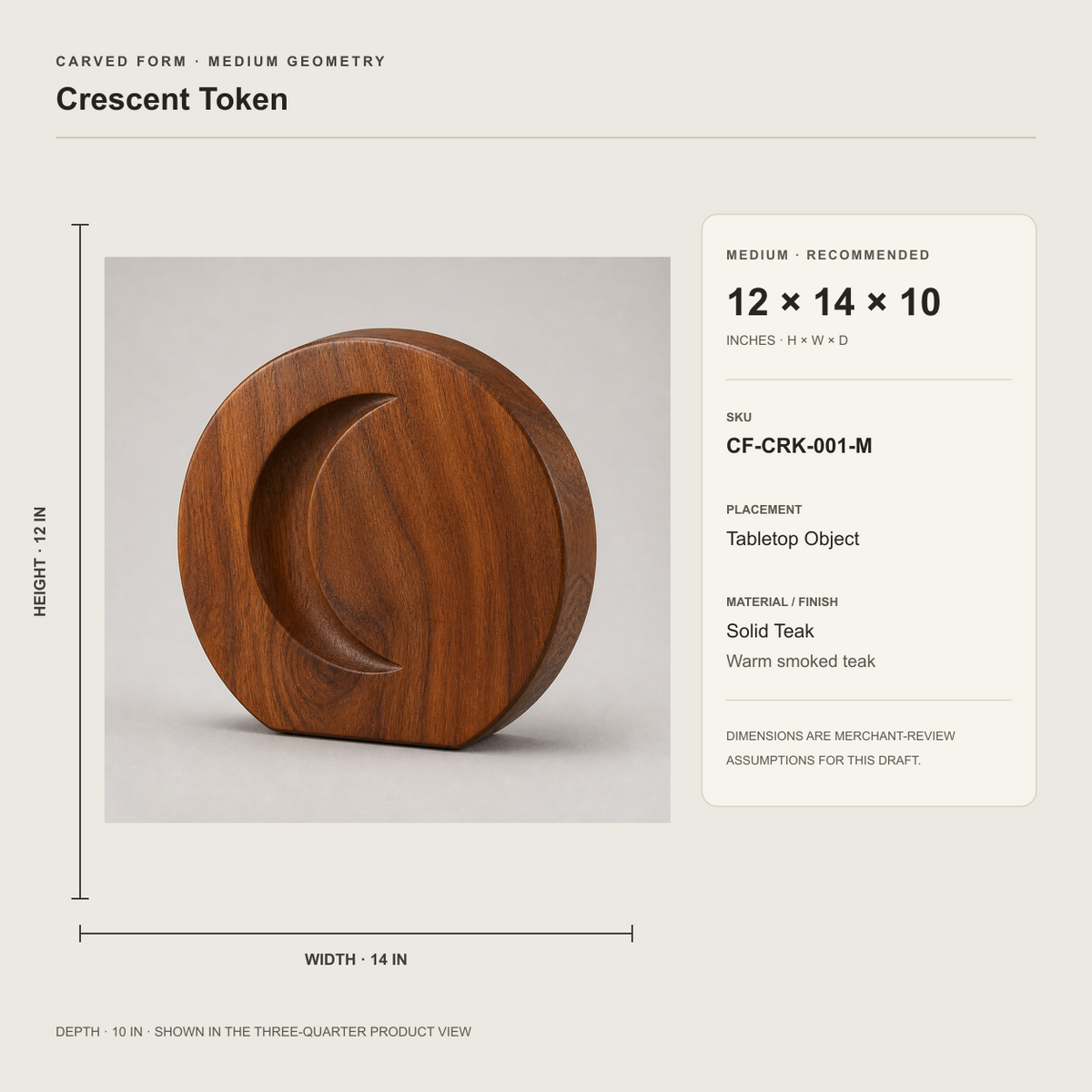 Crescent Token, teak wood tabletop sculpture — size and scale study