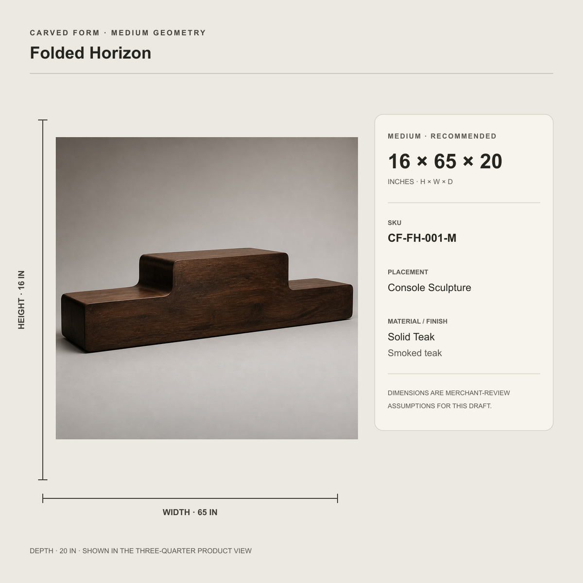Folded Horizon Console, teak wood console sculpture — size and scale study