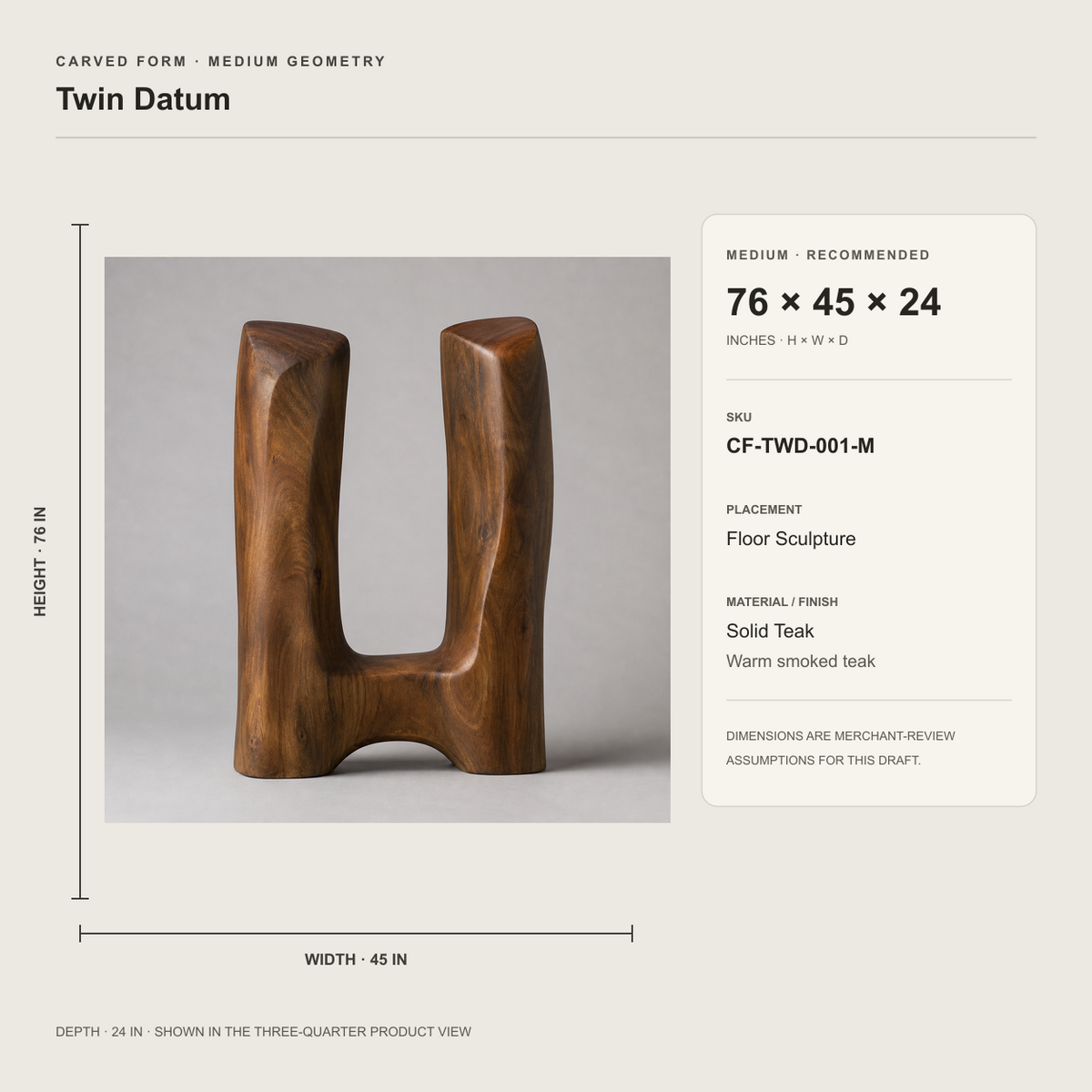 Twin Datum, teak wood floor sculpture — size and scale study