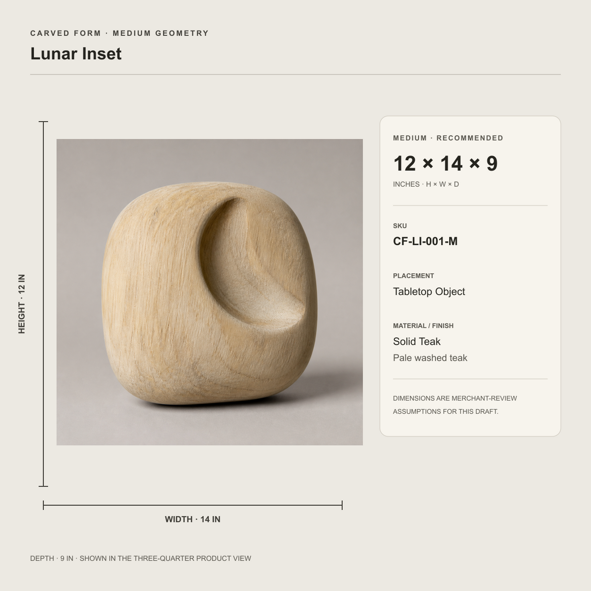 Lunar Inset, teak wood tabletop sculpture — size and scale study