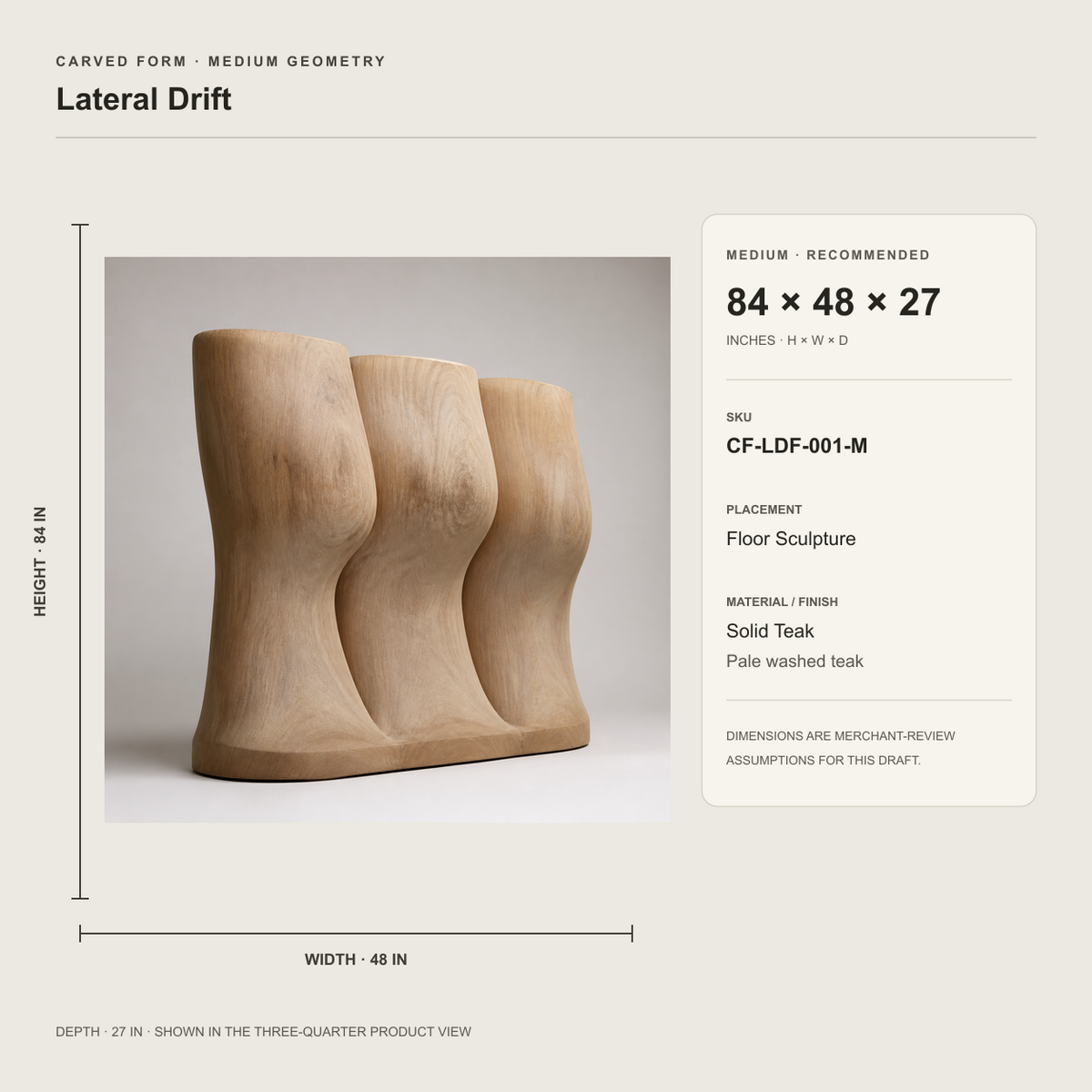 Lateral Drift, teak wood floor sculpture — size and scale study