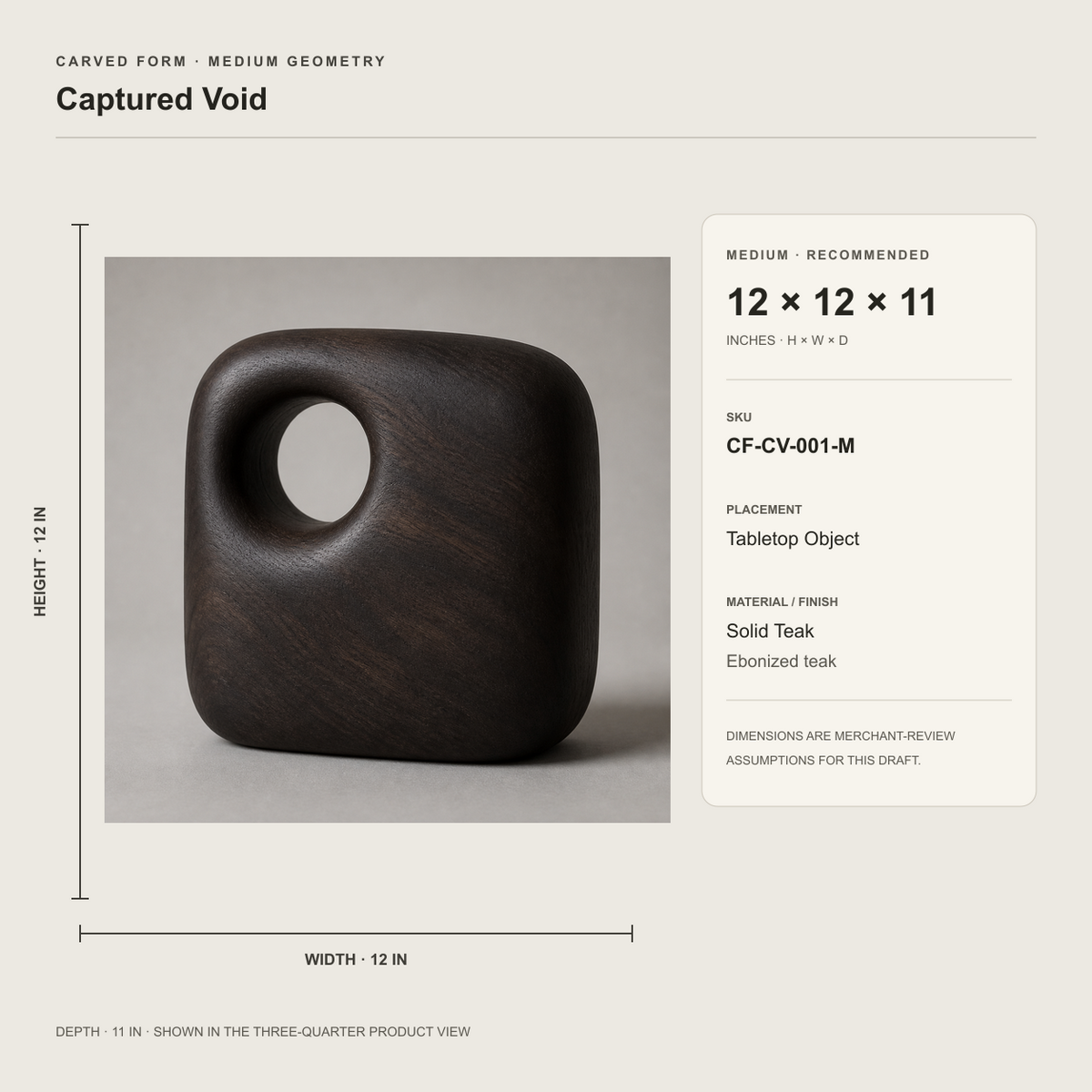 Captured Void, teak wood tabletop sculpture — size and scale study