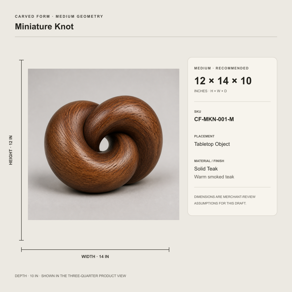 Miniature Knot, teak wood tabletop sculpture — size and scale study