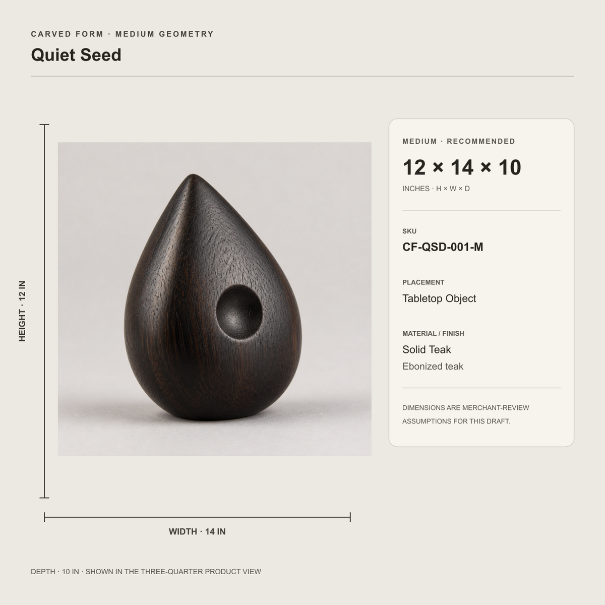 Quiet Seed, teak wood tabletop sculpture — size and scale study