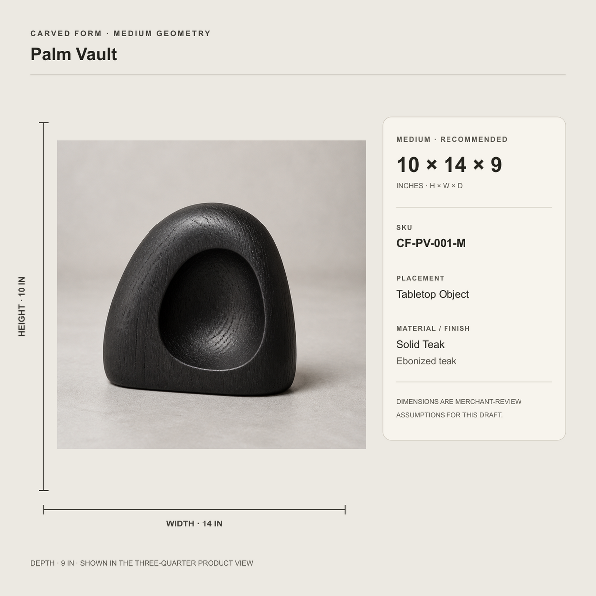 Palm Vault, teak wood tabletop sculpture — size and scale study