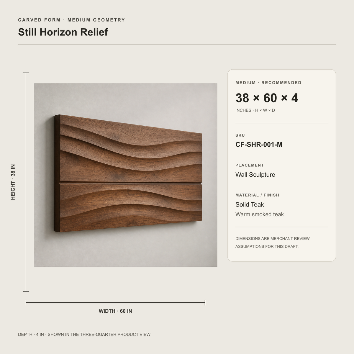 Still Horizon Relief, carved teak wood wall art — size and scale study