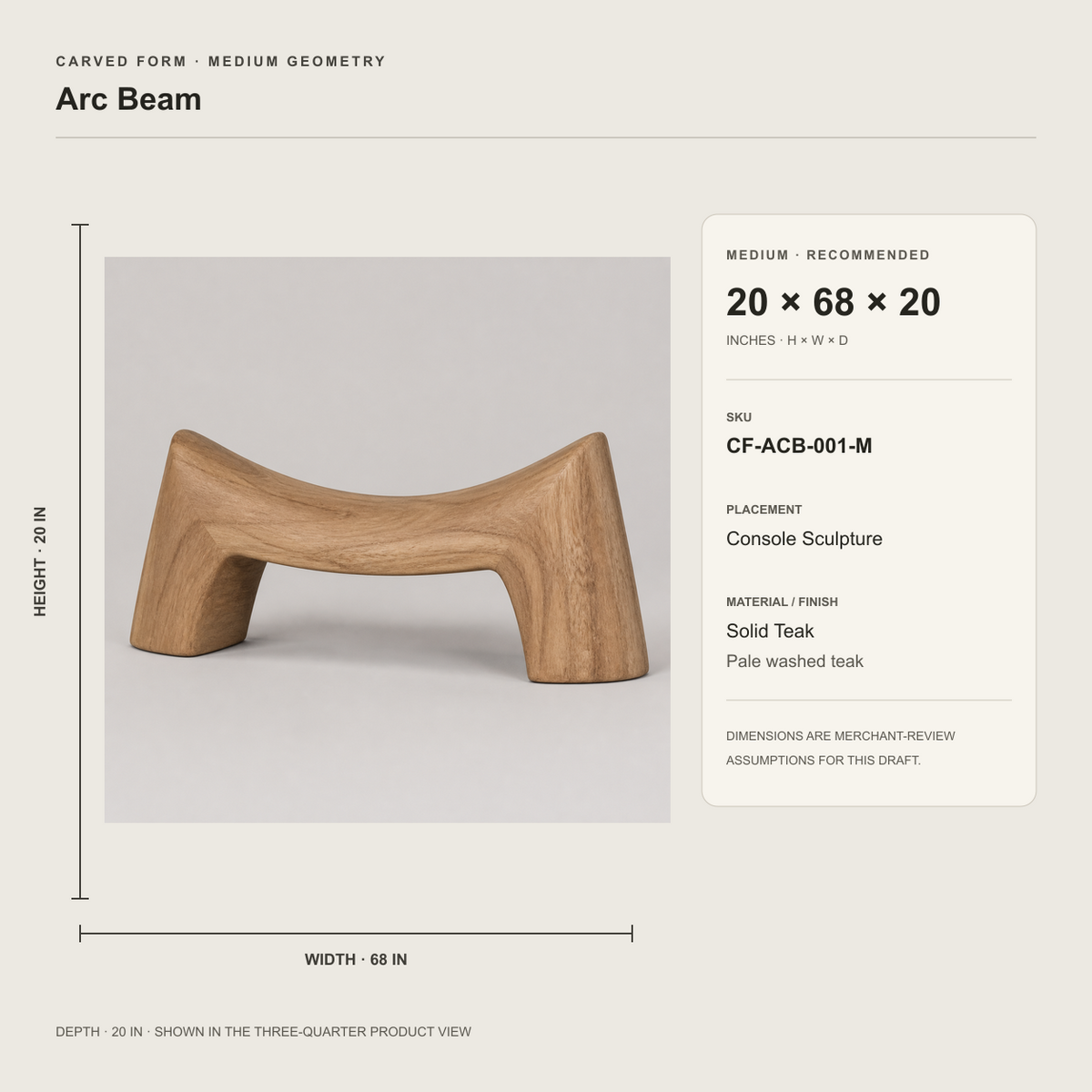 Arc Beam, teak wood console sculpture — size and scale study
