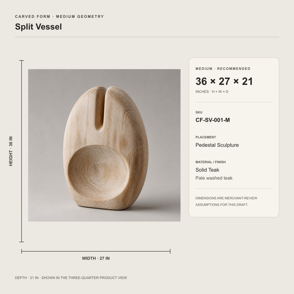 Split Vessel, abstract teak wood sculpture — size and scale study