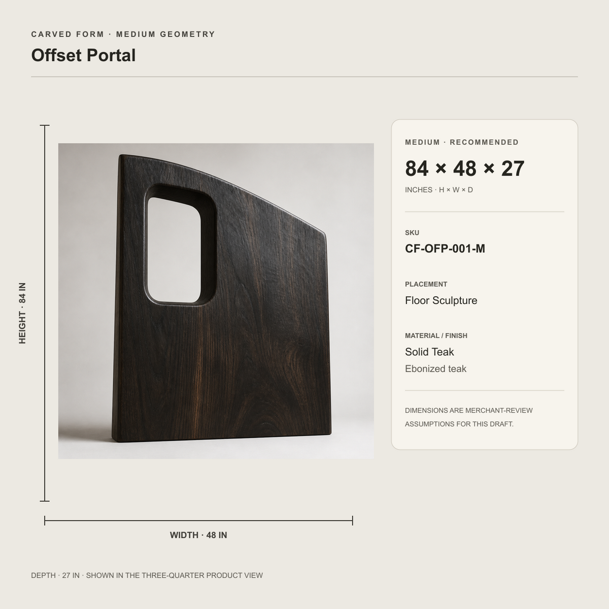 Offset Portal, teak wood floor sculpture — size and scale study