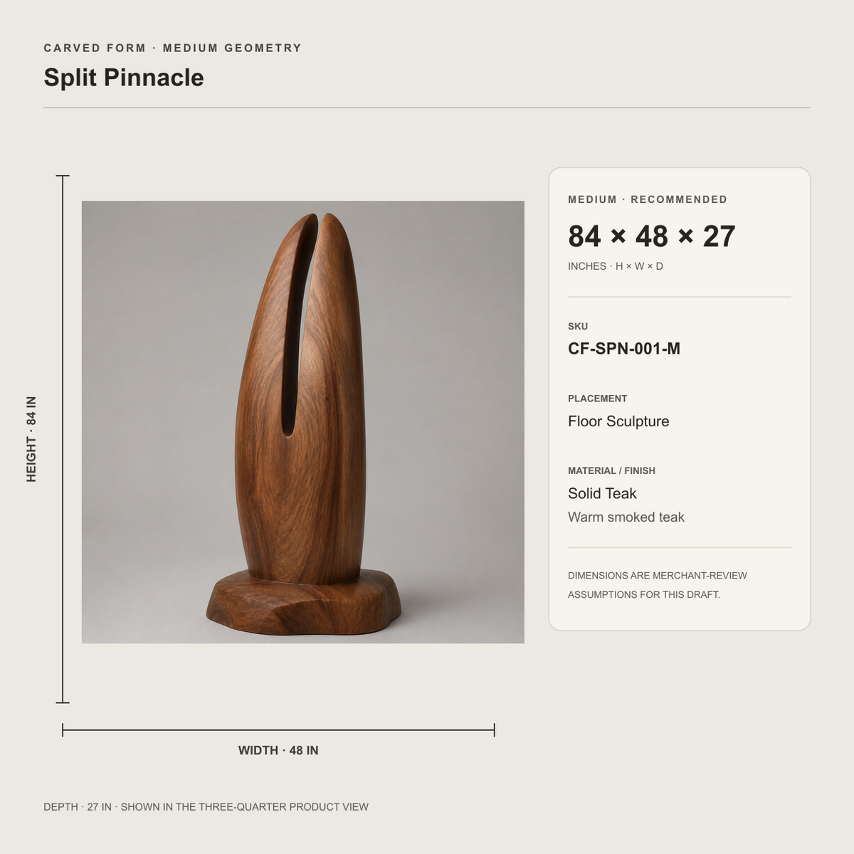 Split Pinnacle, teak wood floor sculpture — size and scale study