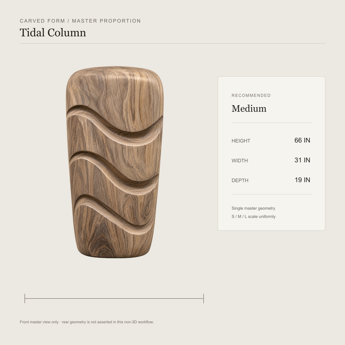 Tidal Column, teak wood floor sculpture — size and scale study