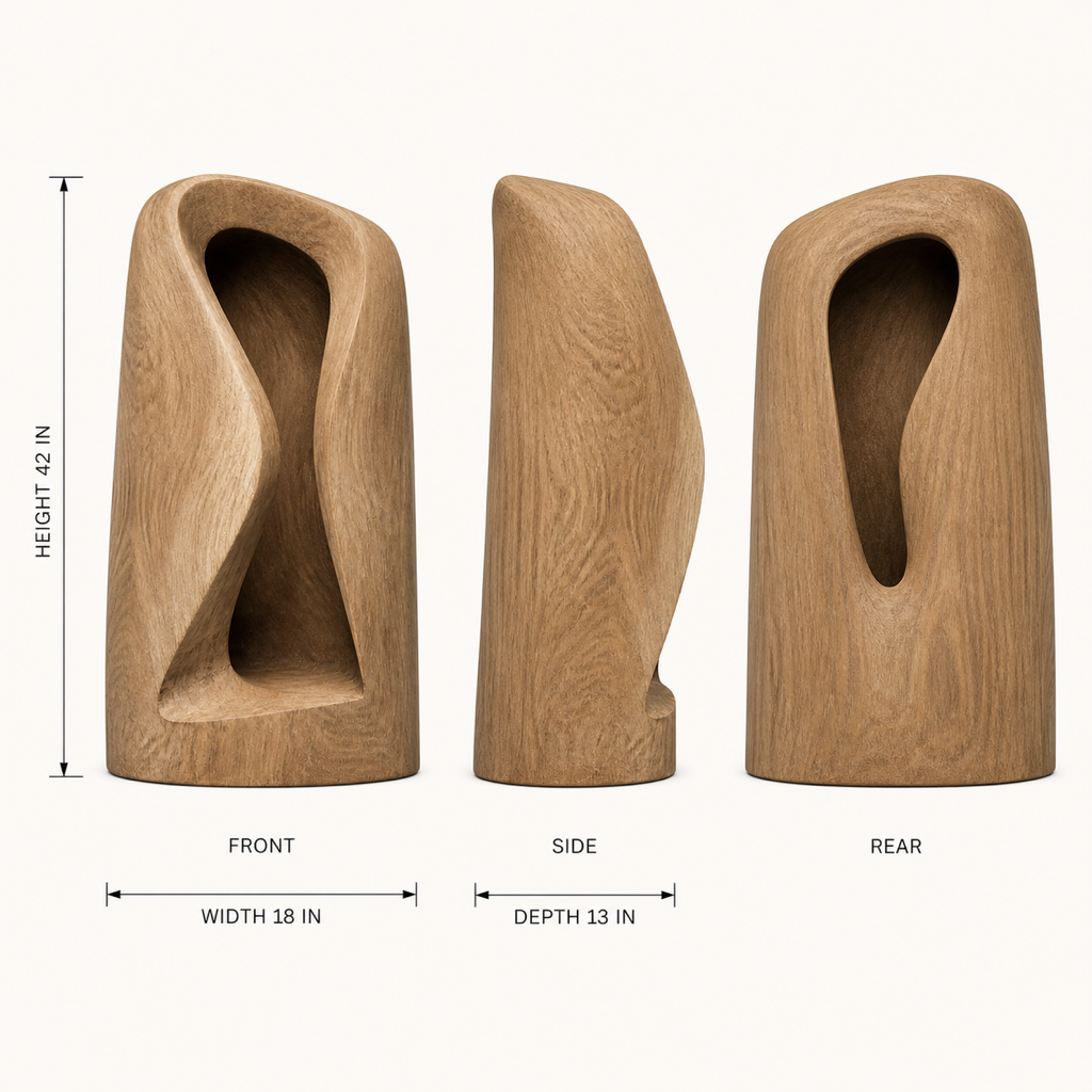 Hollow Fold, abstract teak wood sculpture — size and scale study